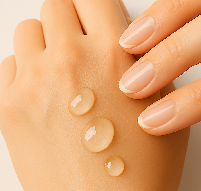 手の甲に3つのオイルの滴