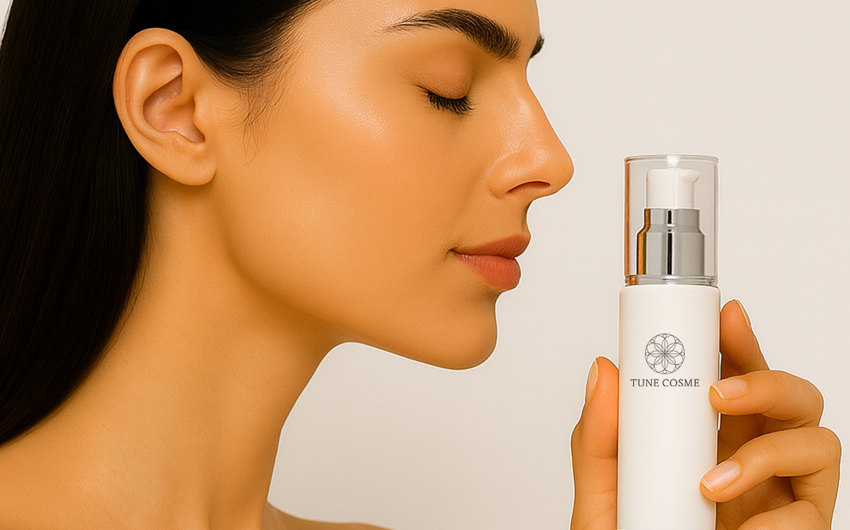 化粧水ボトルを手に持ち香りを確かめる女性の横顔