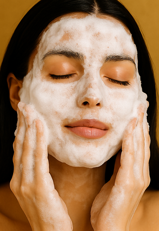 顔全体に泡をのせて優しく洗顔する女性