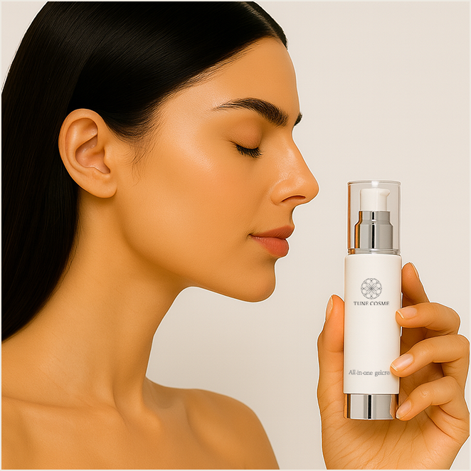 ボトルを手に持ち目を閉じる女性