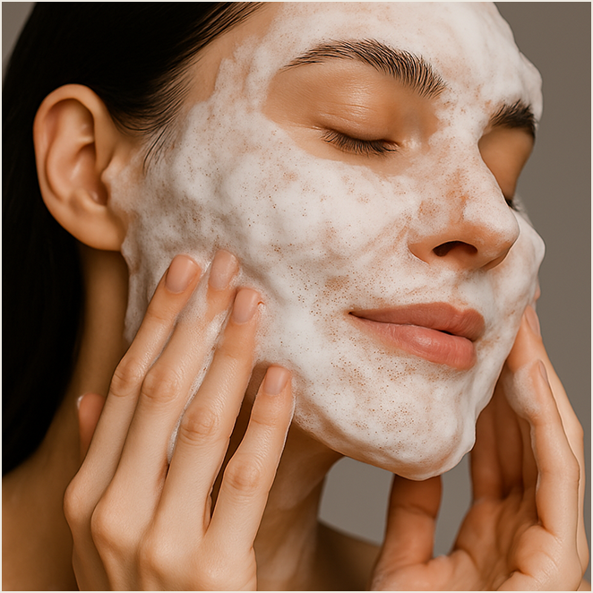 泡洗顔をしている女性